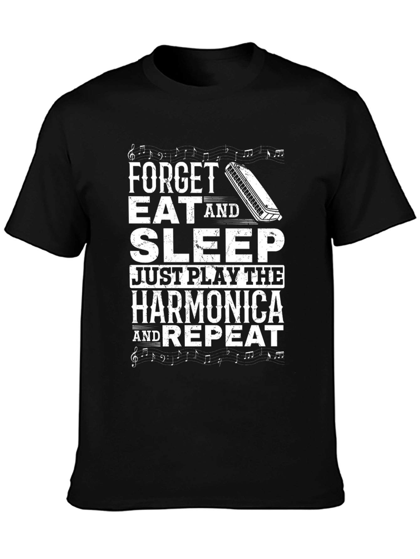 Black Harmonica Player T-Shirt: Forget, Eat, Sleep, Play, Repeat view 3