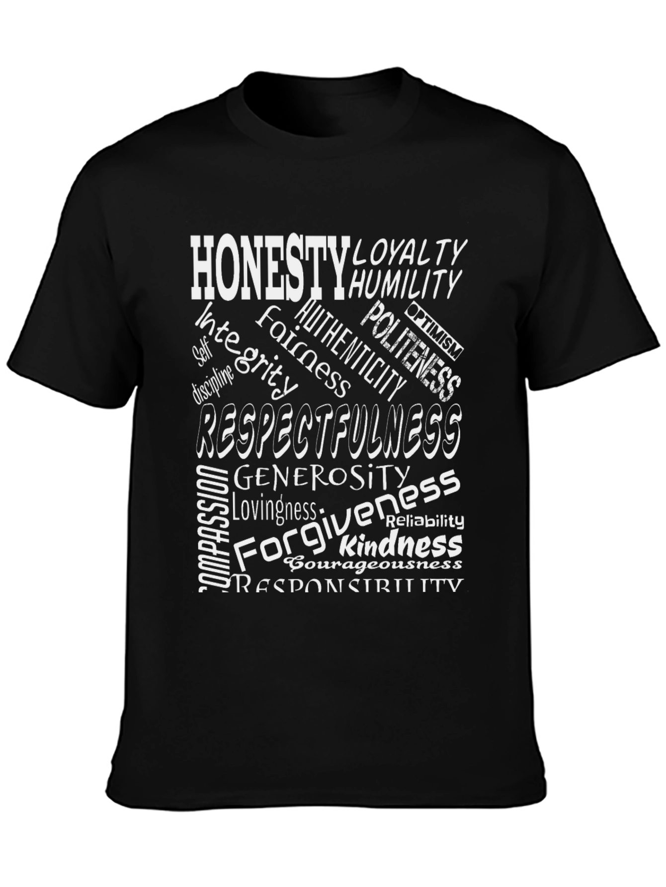 Black Virtue Word Cloud T-Shirt - Honesty, Kindness, Respect view 3