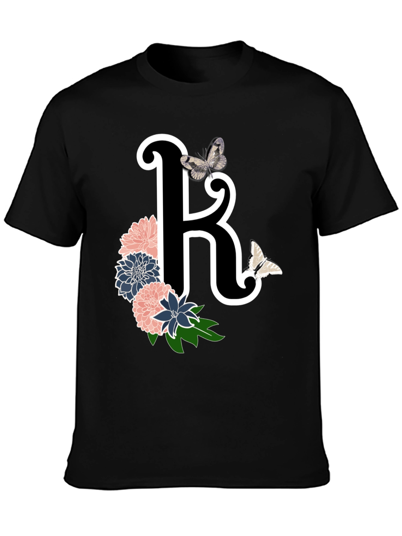 Black Floral Letter K Black T-Shirt view 3