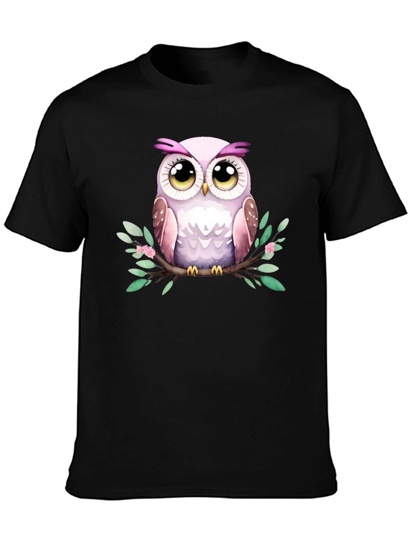 Black Cute Owl Graphic Tee - Black Cotton Blend view 3