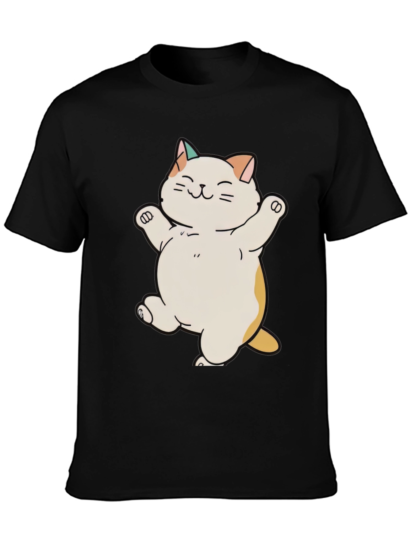 Black Cute Cat T-Shirt - Happy Cartoon Kitty Design view 3