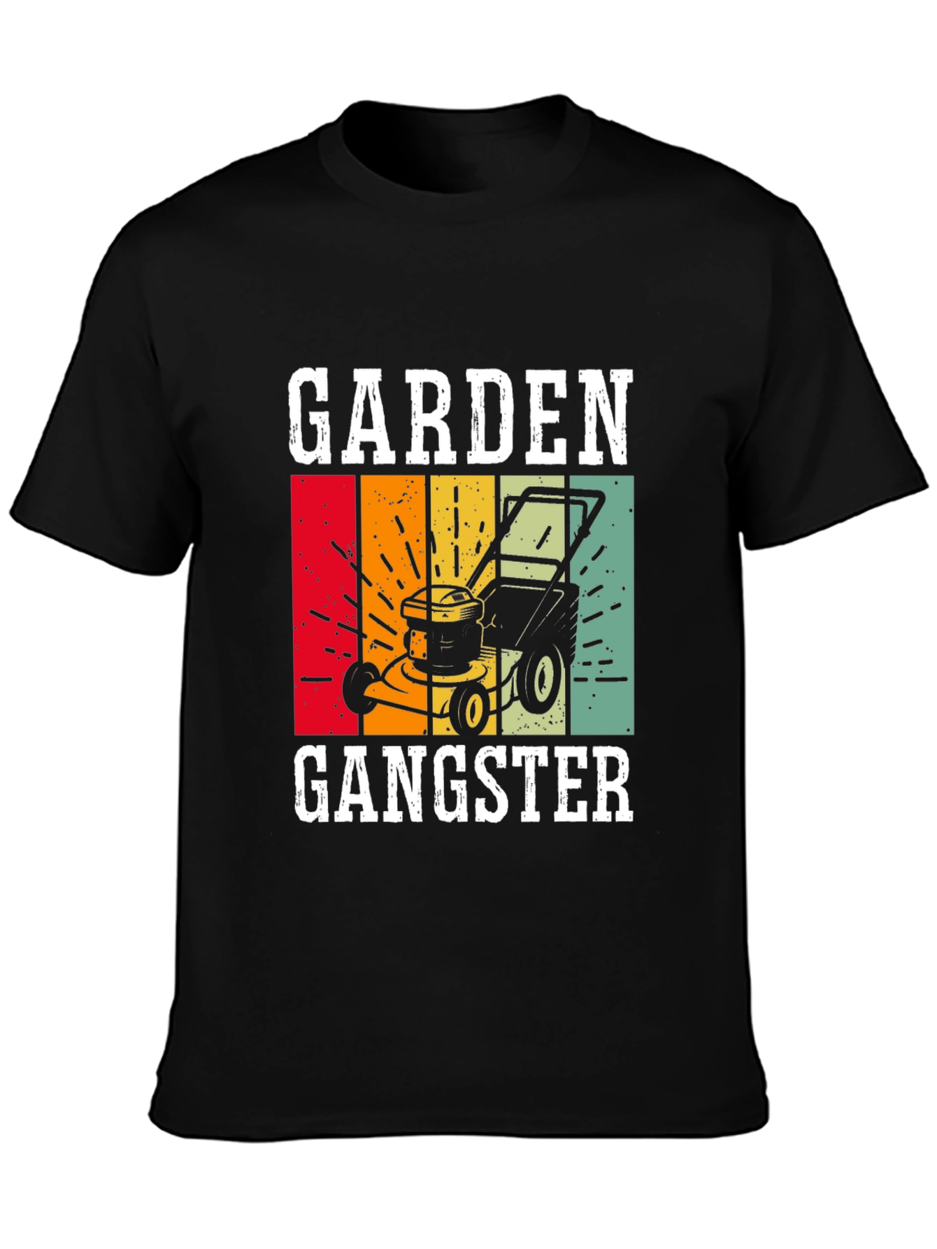 Black Garden Gangster Graphic T-Shirt - Retro Lawn Mower Design view 3
