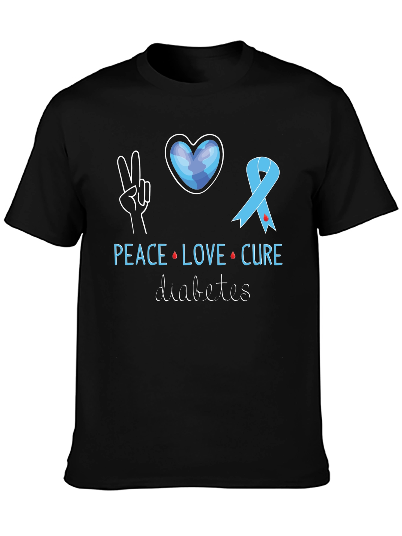 Black Peace Love Cure Diabetes Awareness T-Shirt view 3