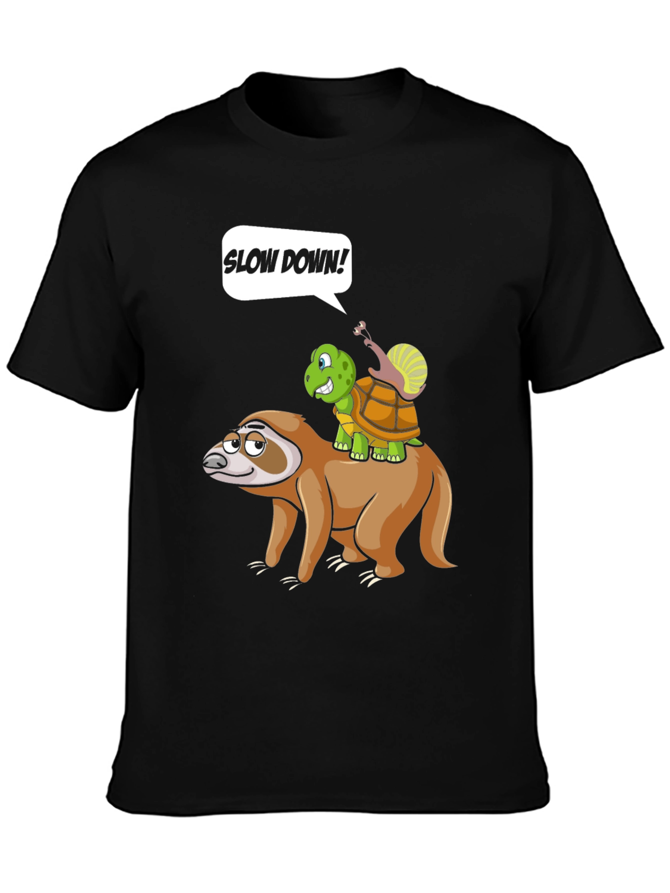 Black Funny Slow Down Sloth, Turtle, and Snail T-Shirt view 3