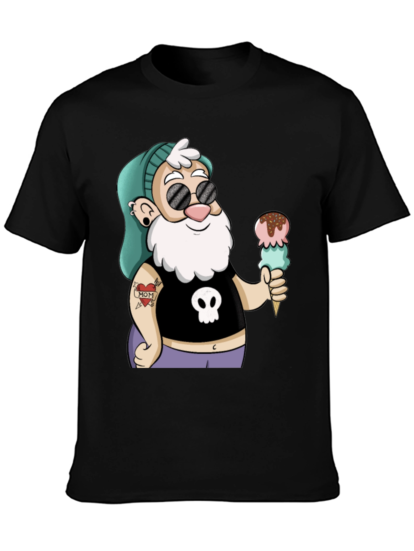 Black Cartoon Hipster Gnome T-Shirt view 3