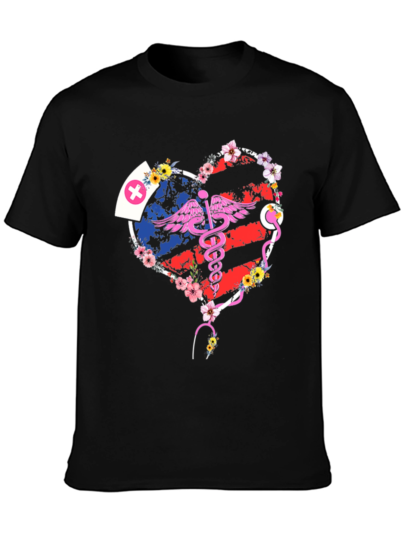 Black Nurse American Flag Heart T-Shirt view 3