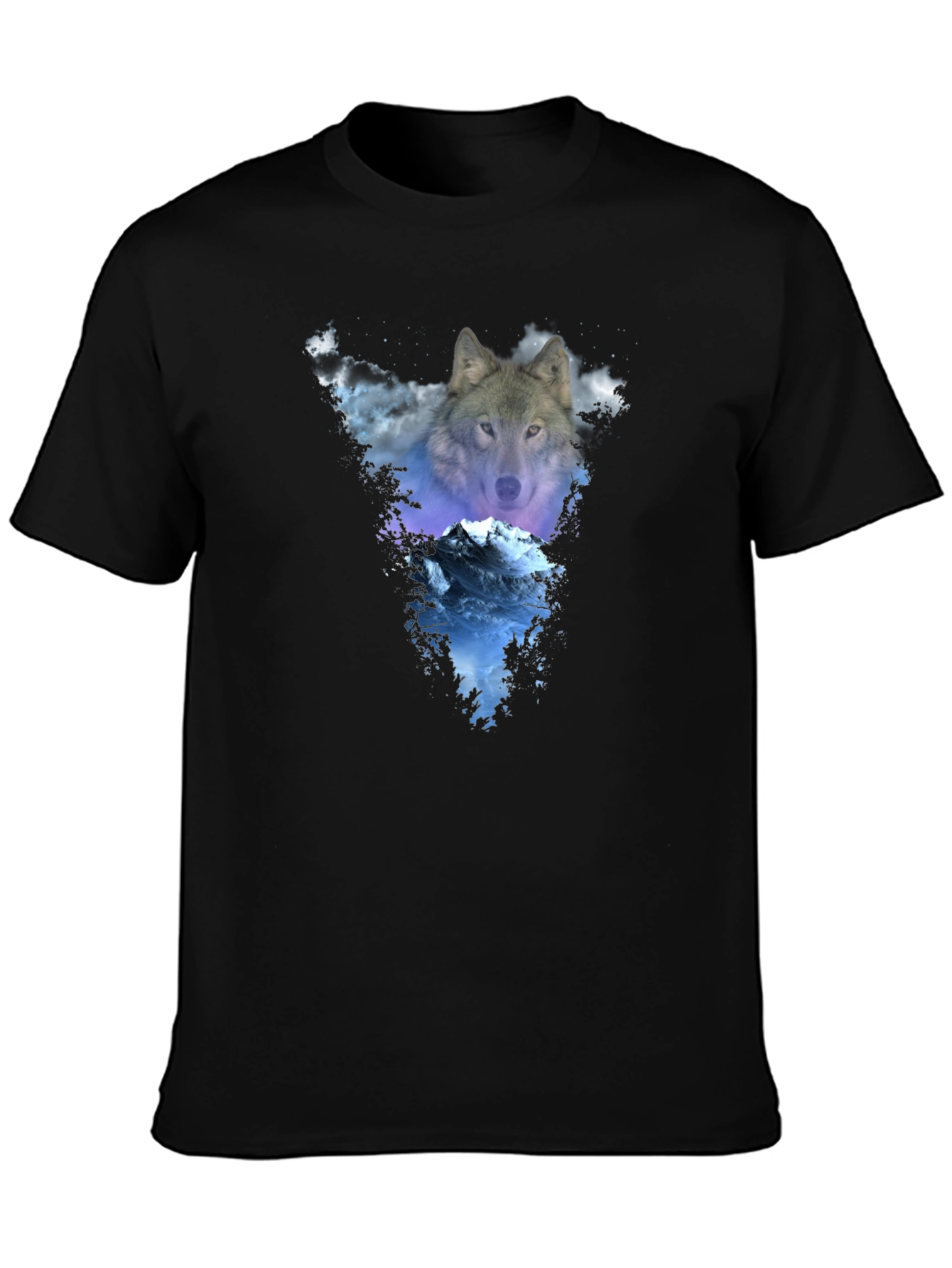 Black Wolf & Mountain Graphic Black T-Shirt view 3