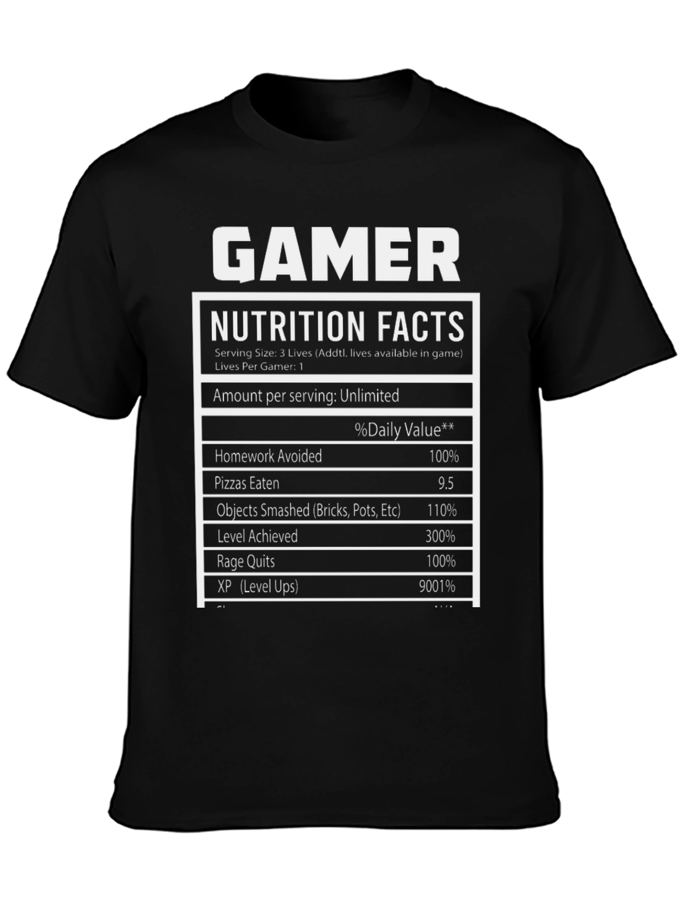 Black Gamer Nutrition Facts Novelty T-Shirt view 3