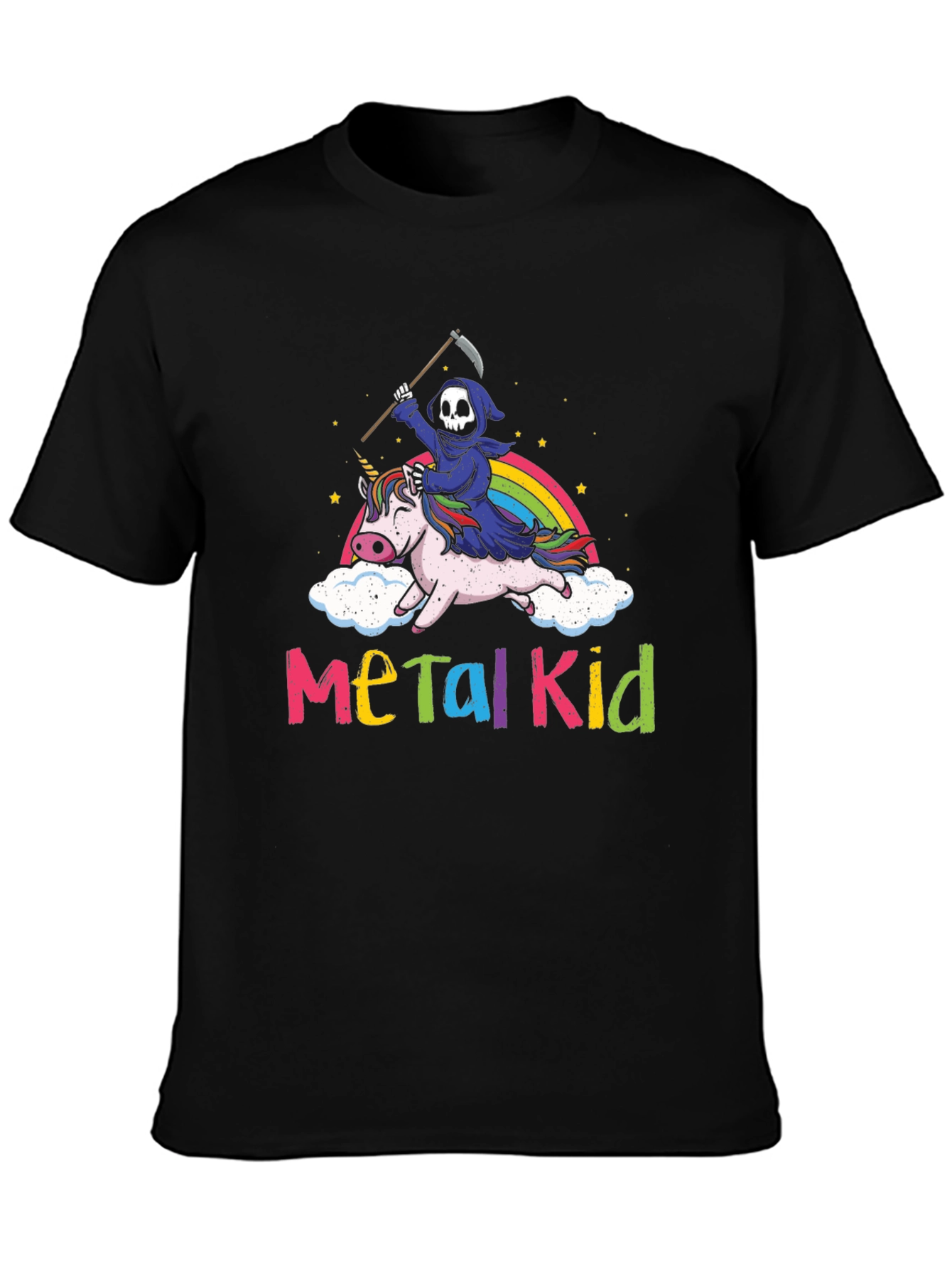Black Metal Kid Grim Reaper Unicorn Rainbow T-Shirt view 3