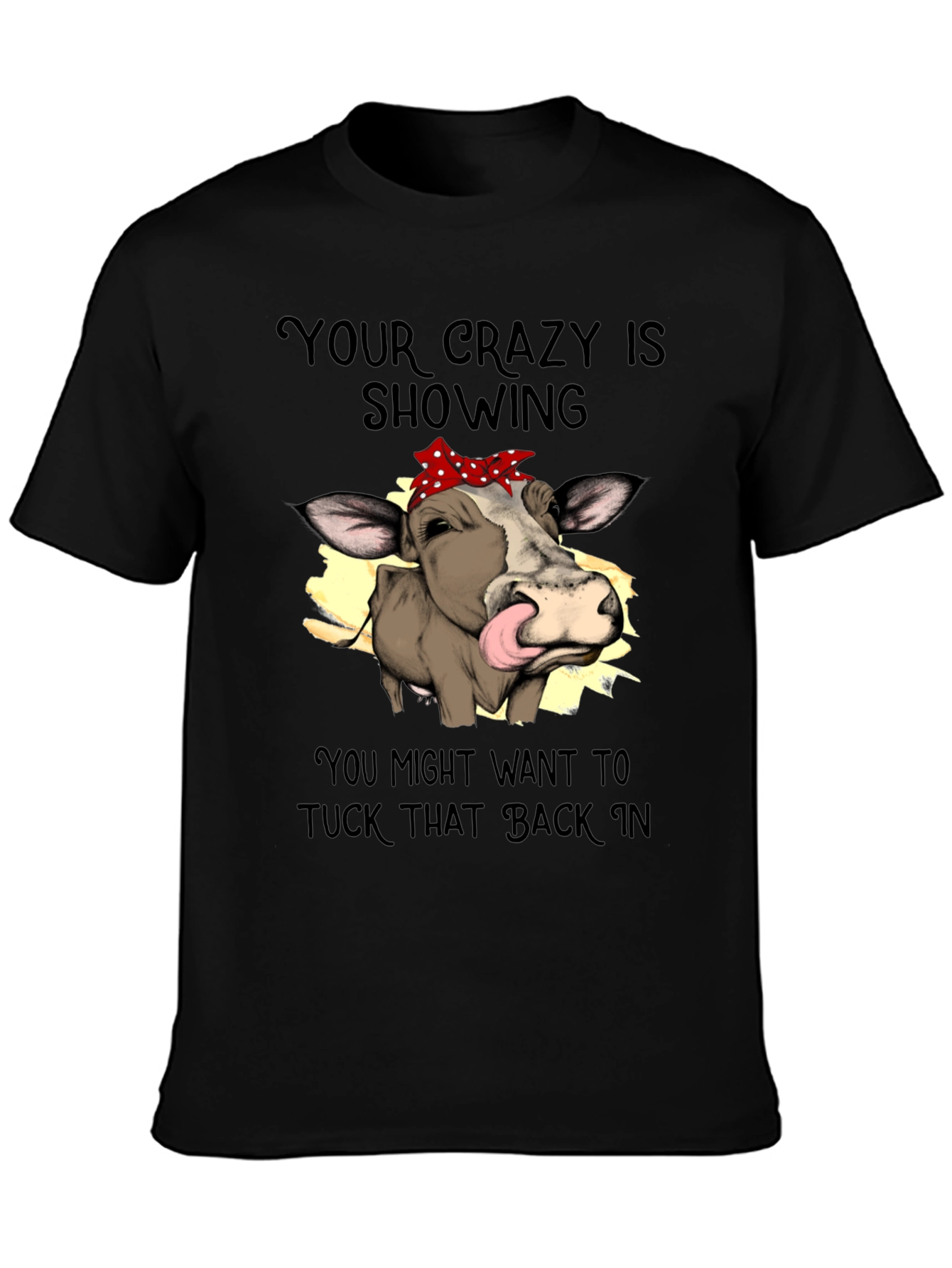 Black Crazy Cow Tongue Out T-Shirt view 3