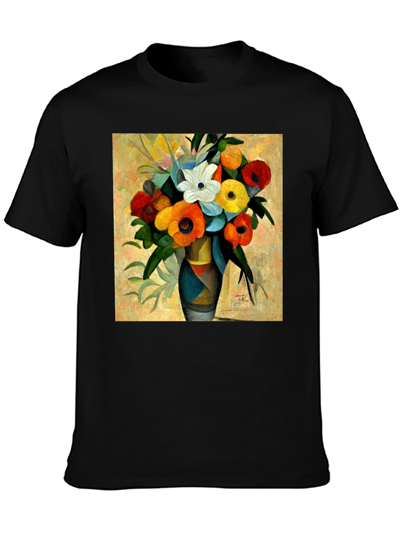 Black Floral Vase Print Black T-Shirt view 3