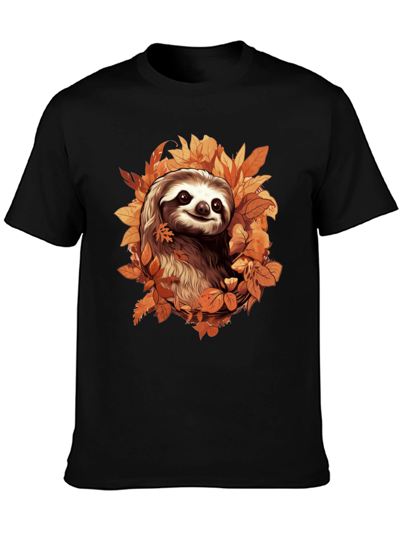 Black Sloth in Autumn Leaves Graphic T-Shirt view 3