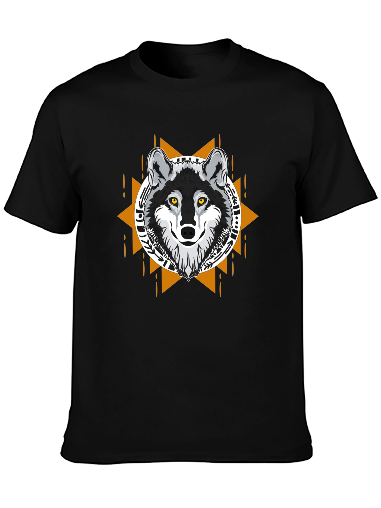Black Wolf Graphic Tee - Tribal Design Black T-Shirt view 3