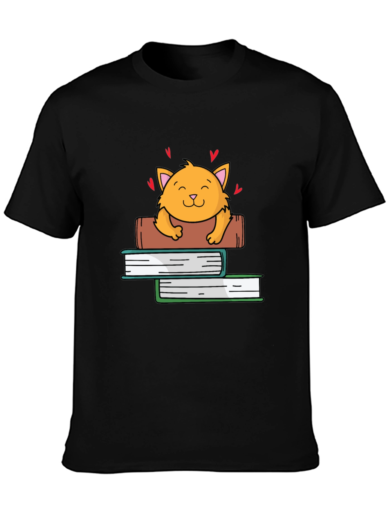 Black Cute Cat on Books Graphic Tee view 3