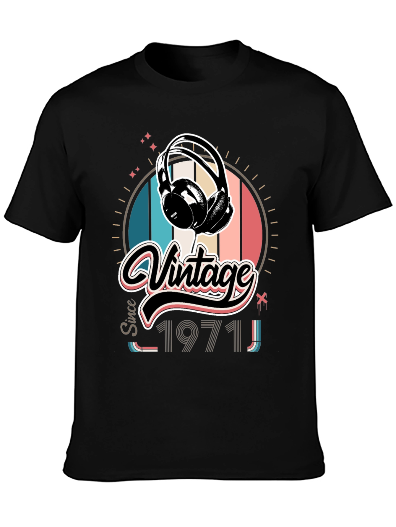 Black Vintage Since 1971 Headphones Graphic T-Shirt view 3