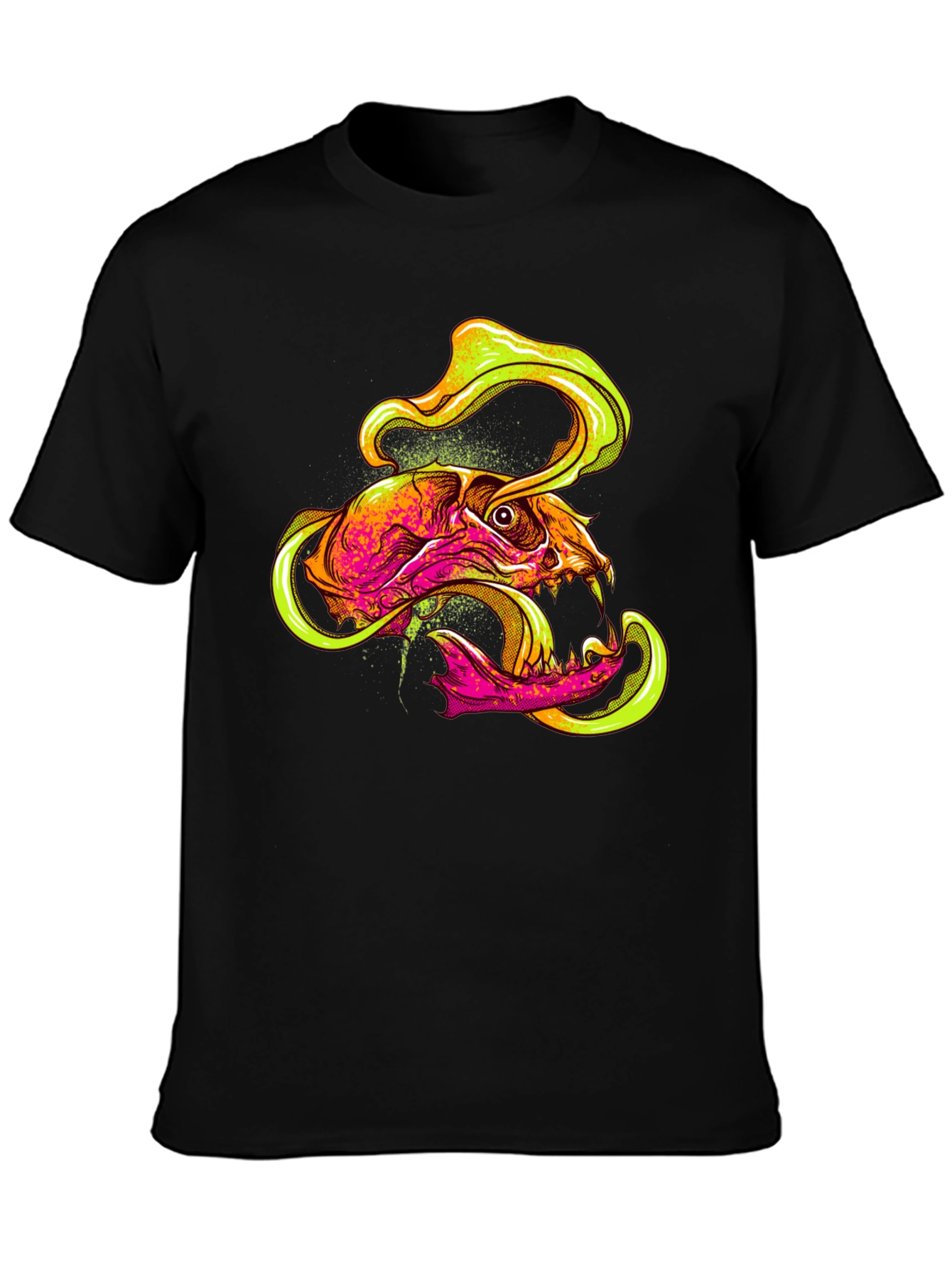 Black Skull Graphic Print T-Shirt - Vivid Neon Design view 3
