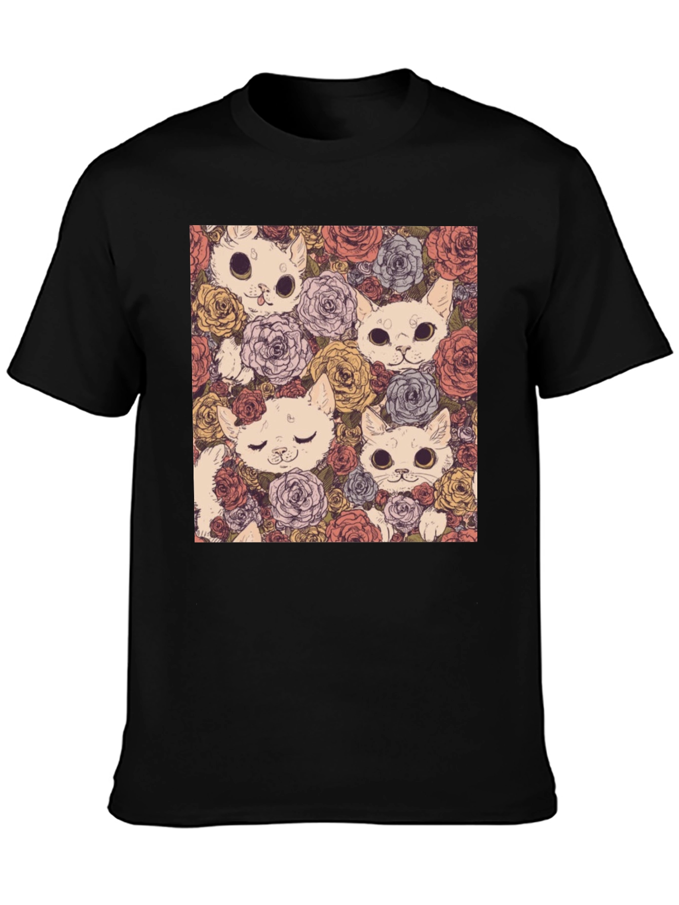 Black Floral Cat Print Black T-Shirt view 3