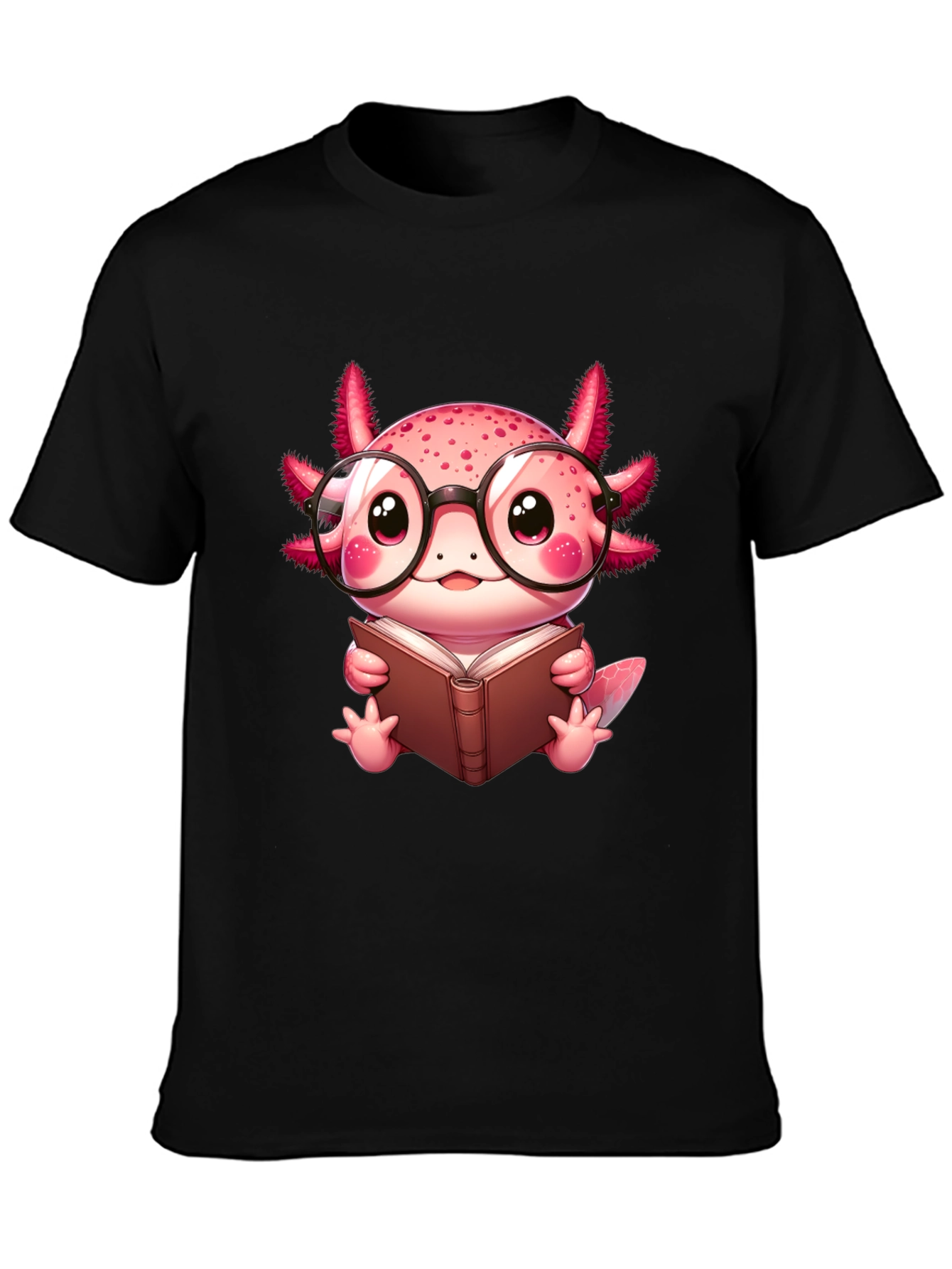 Black Axolotl Reader T-Shirt - Cute Nerdy Axolotl Reading Book Tee view 3