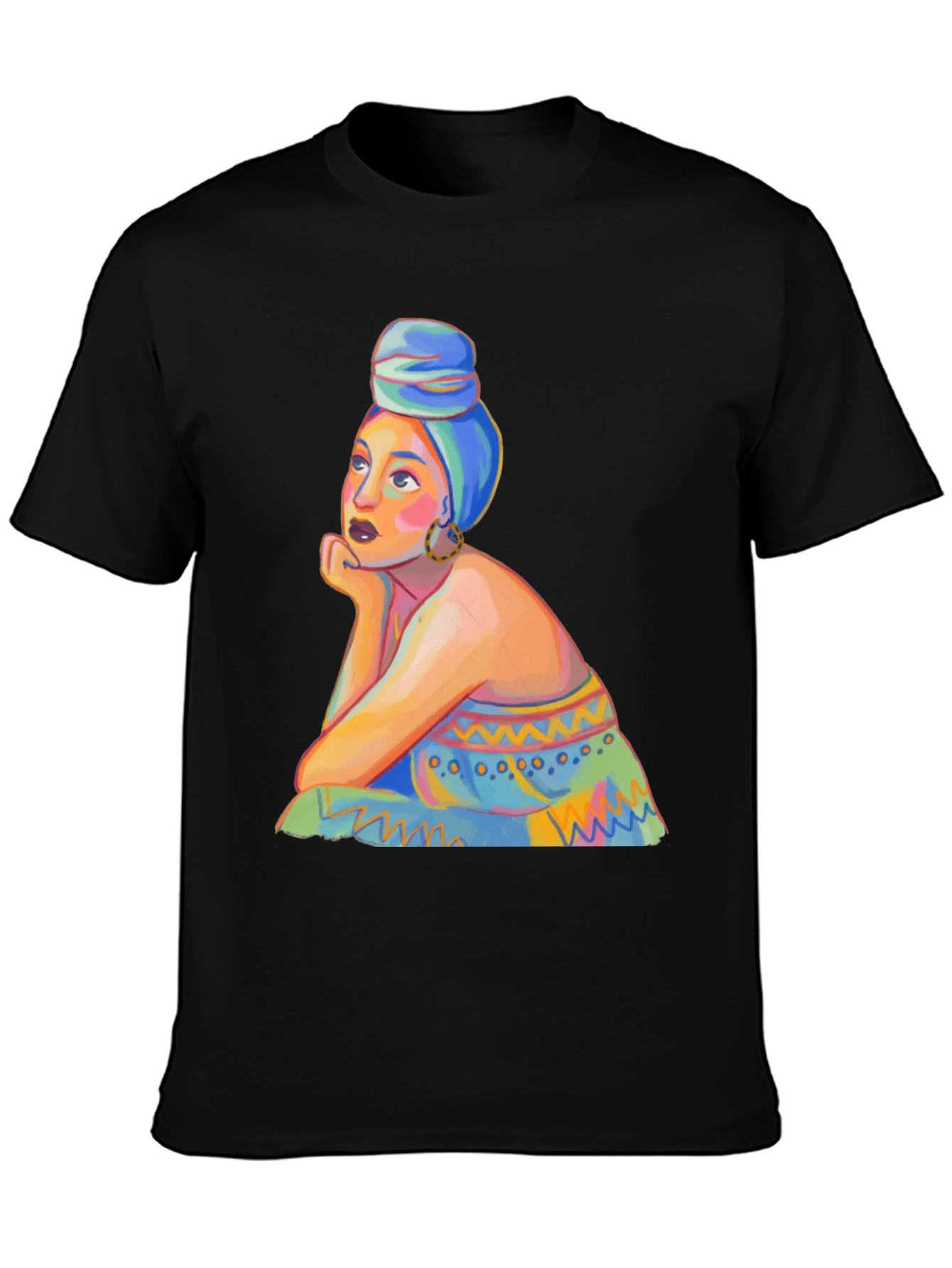 Black Vibrant Woman Portrait Graphic Tee - Stylish Black T-Shirt view 3