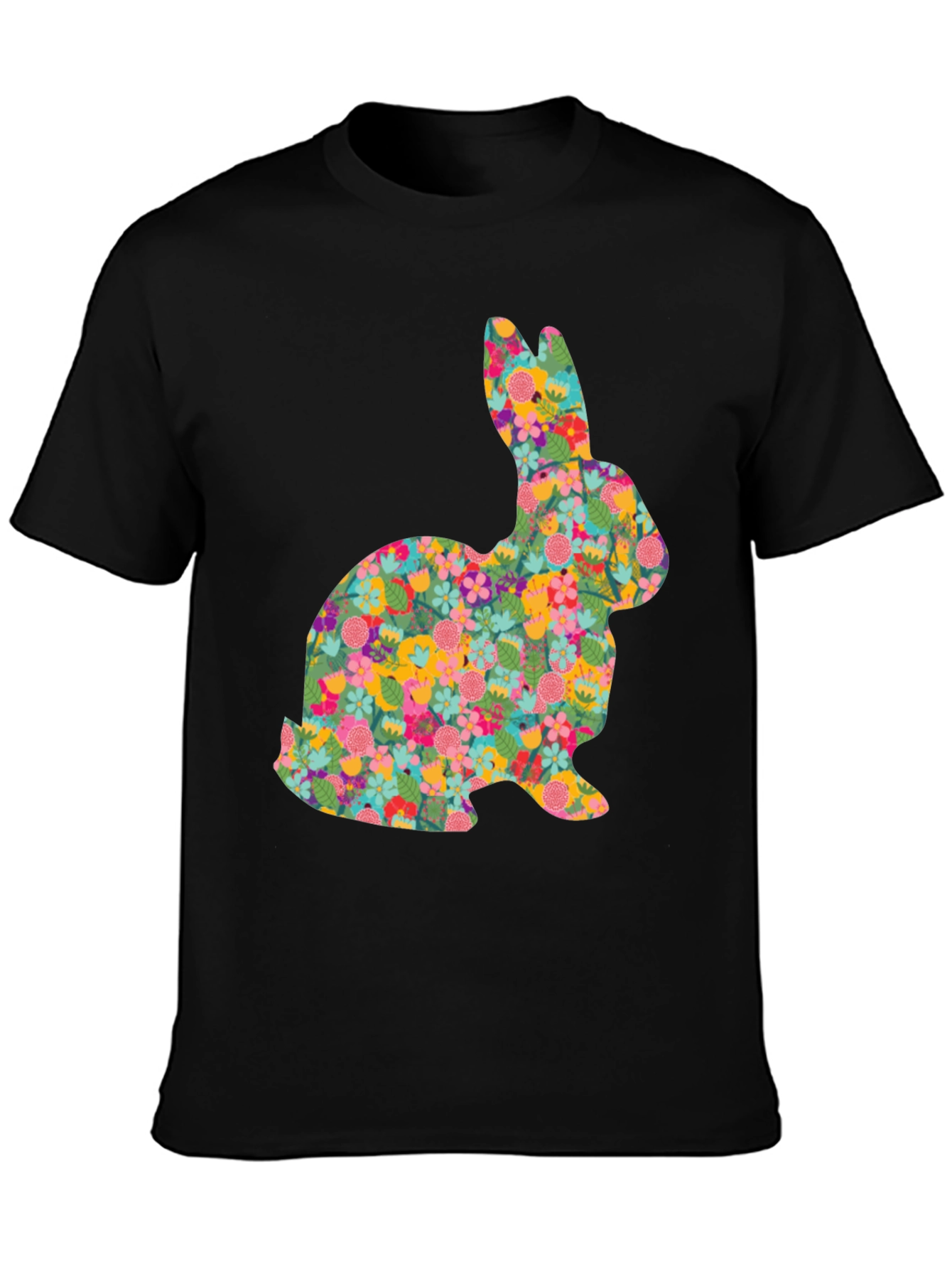 Black Floral Bunny Graphic Tee - Black Cotton Casual Shirt view 3