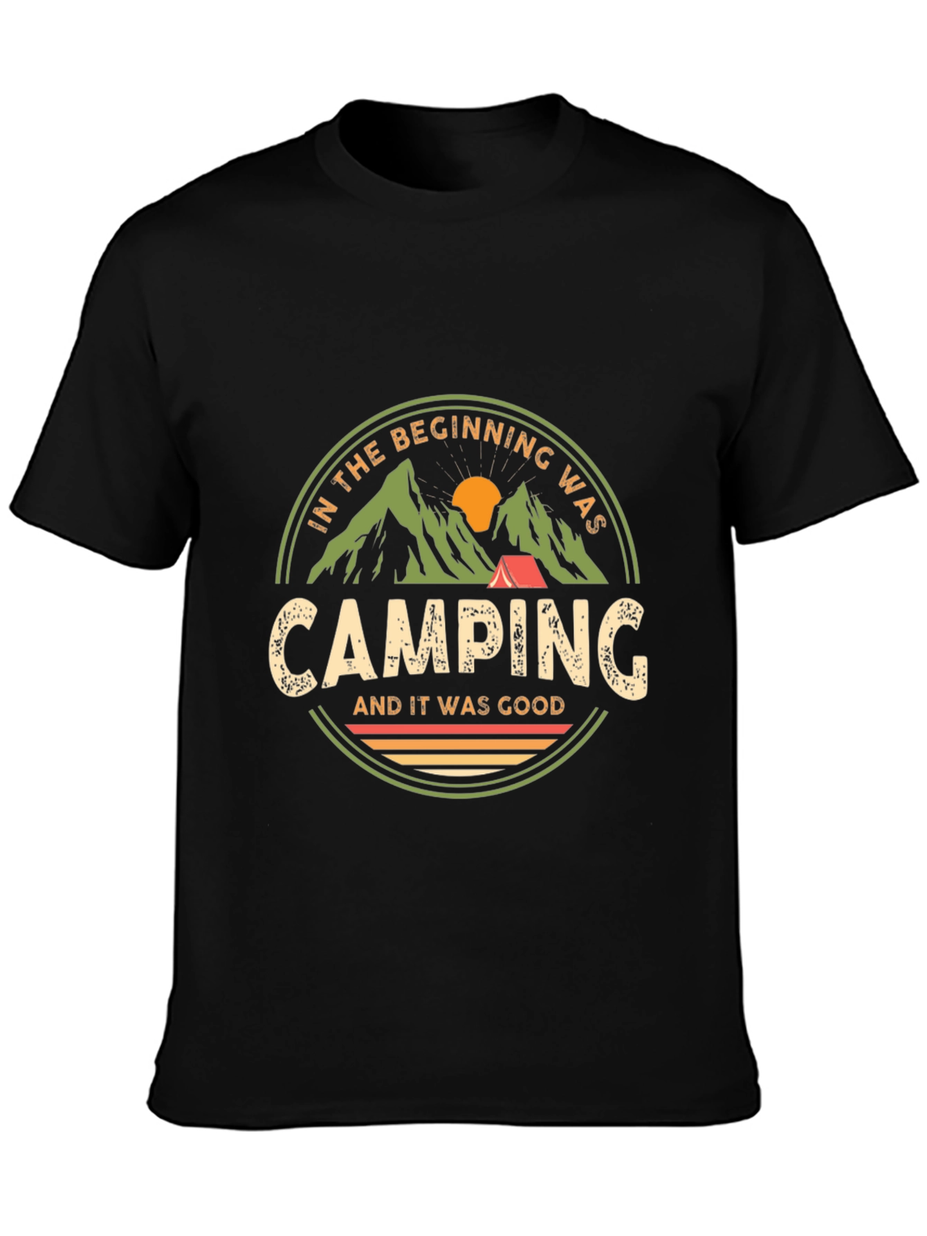 Black Camping T-Shirt: In The Beginning Was Camping view 3