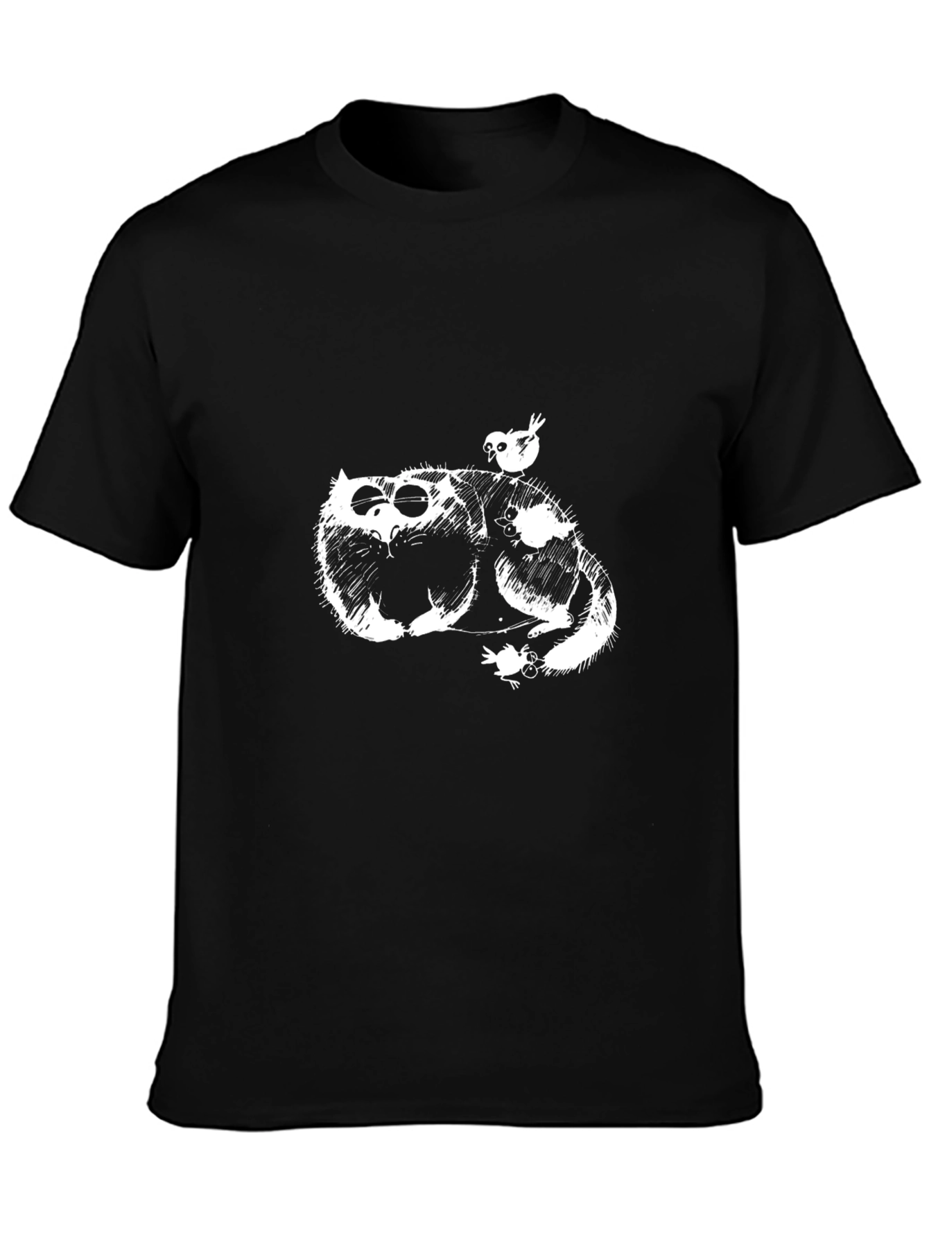 Black Whimsical Cat & Bird Graphic Tee - Black view 3