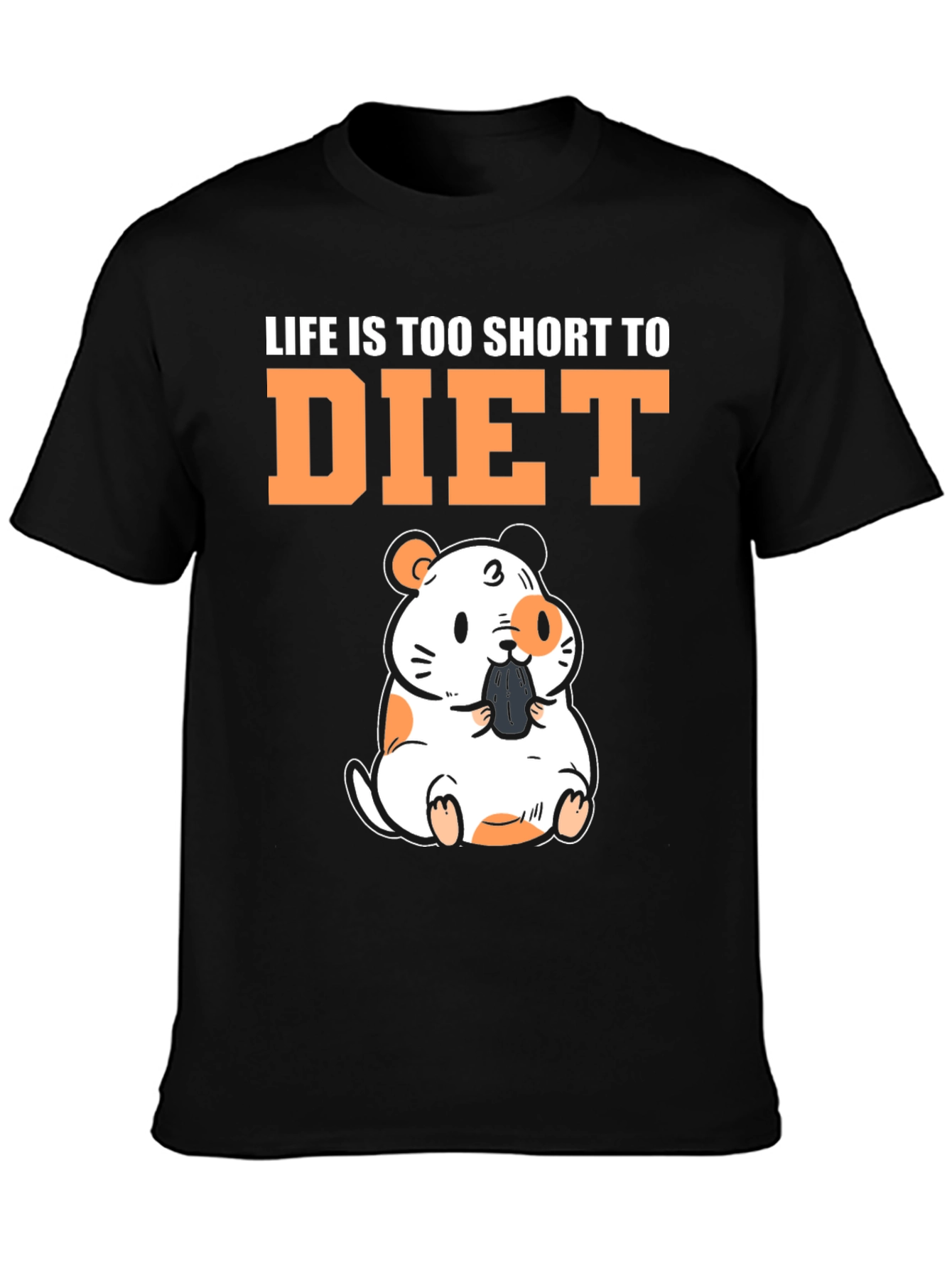 Black Funny Hamster "Life is Too Short to Diet" Black T-Shirt view 3