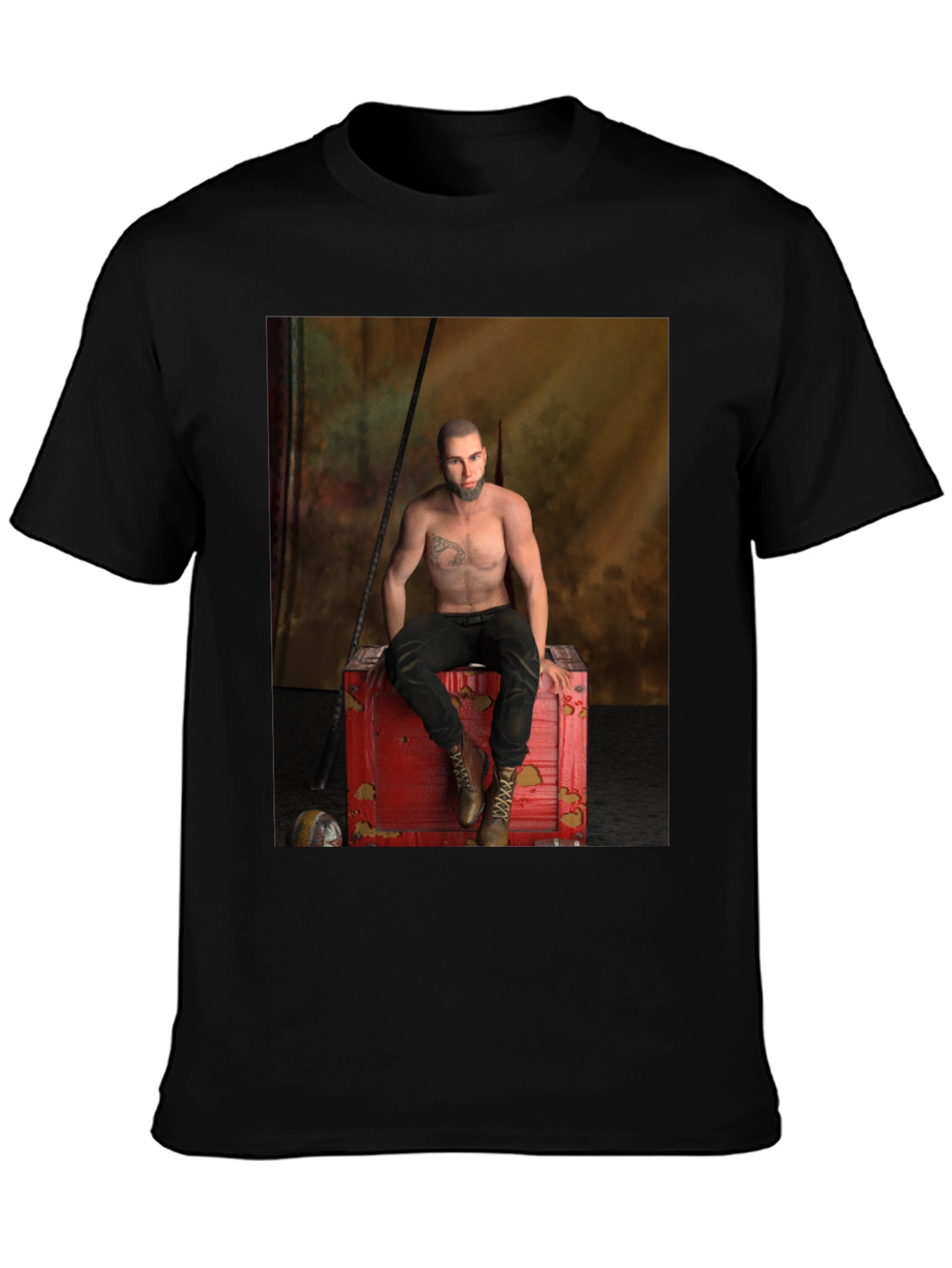 Black Men's Black Graphic T-Shirt - Tattoo Chest Man on Red Box view 3