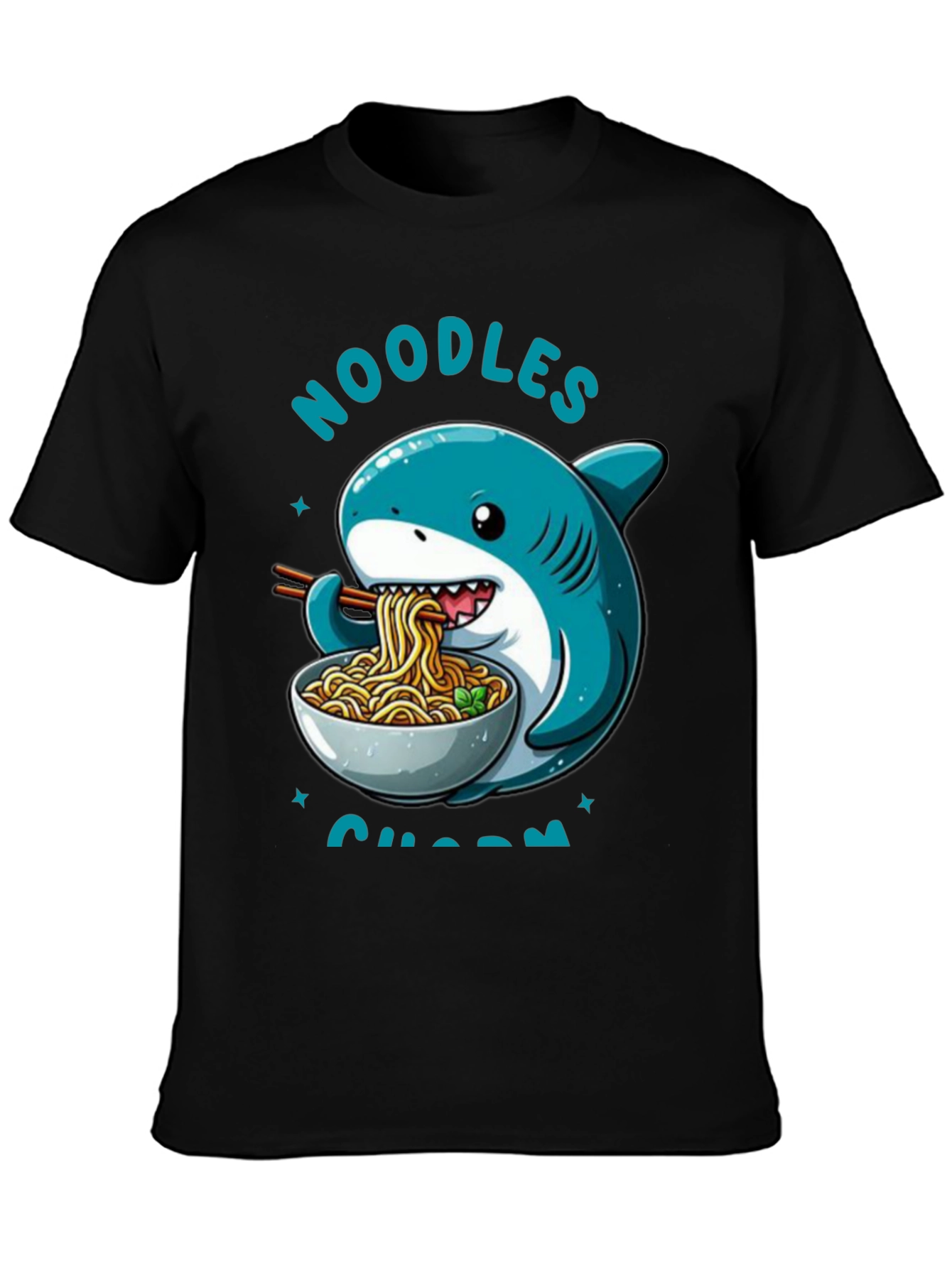 Black Noodles Shark T-Shirt - Cartoon Animal Ramen Tee view 3
