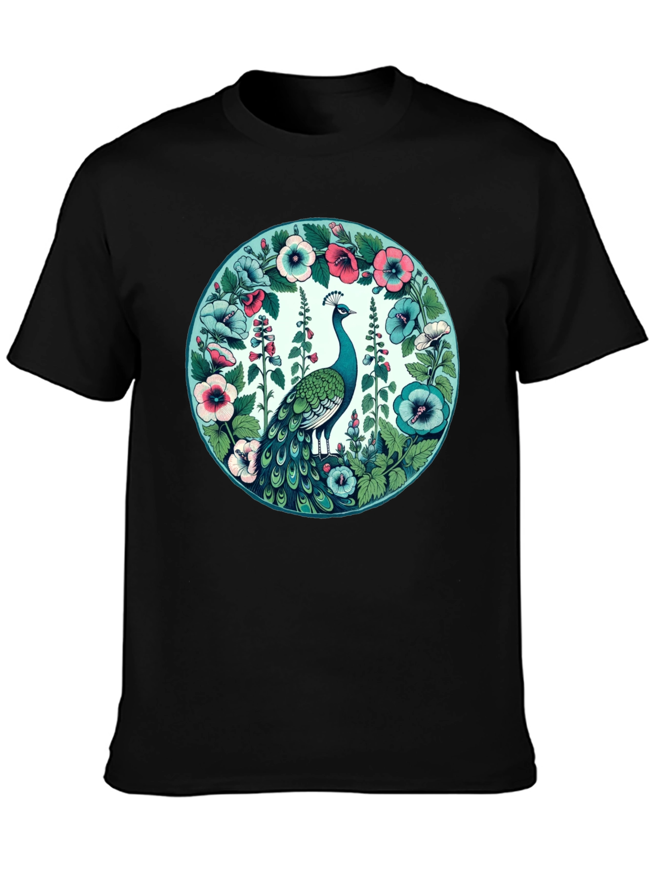Black Peacock Floral Graphic Tee - Black Cotton T-Shirt view 3