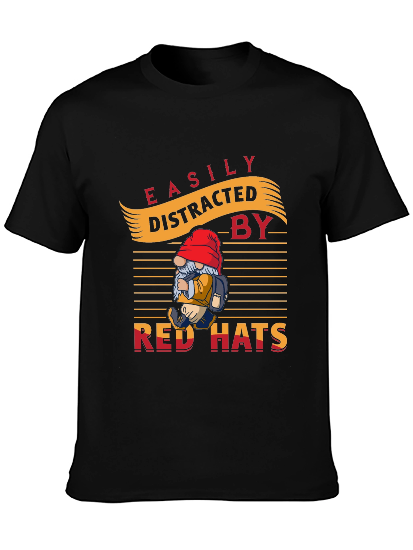 Black Easily Distracted by Red Hats T-Shirt - Novelty Gnome Design view 3
