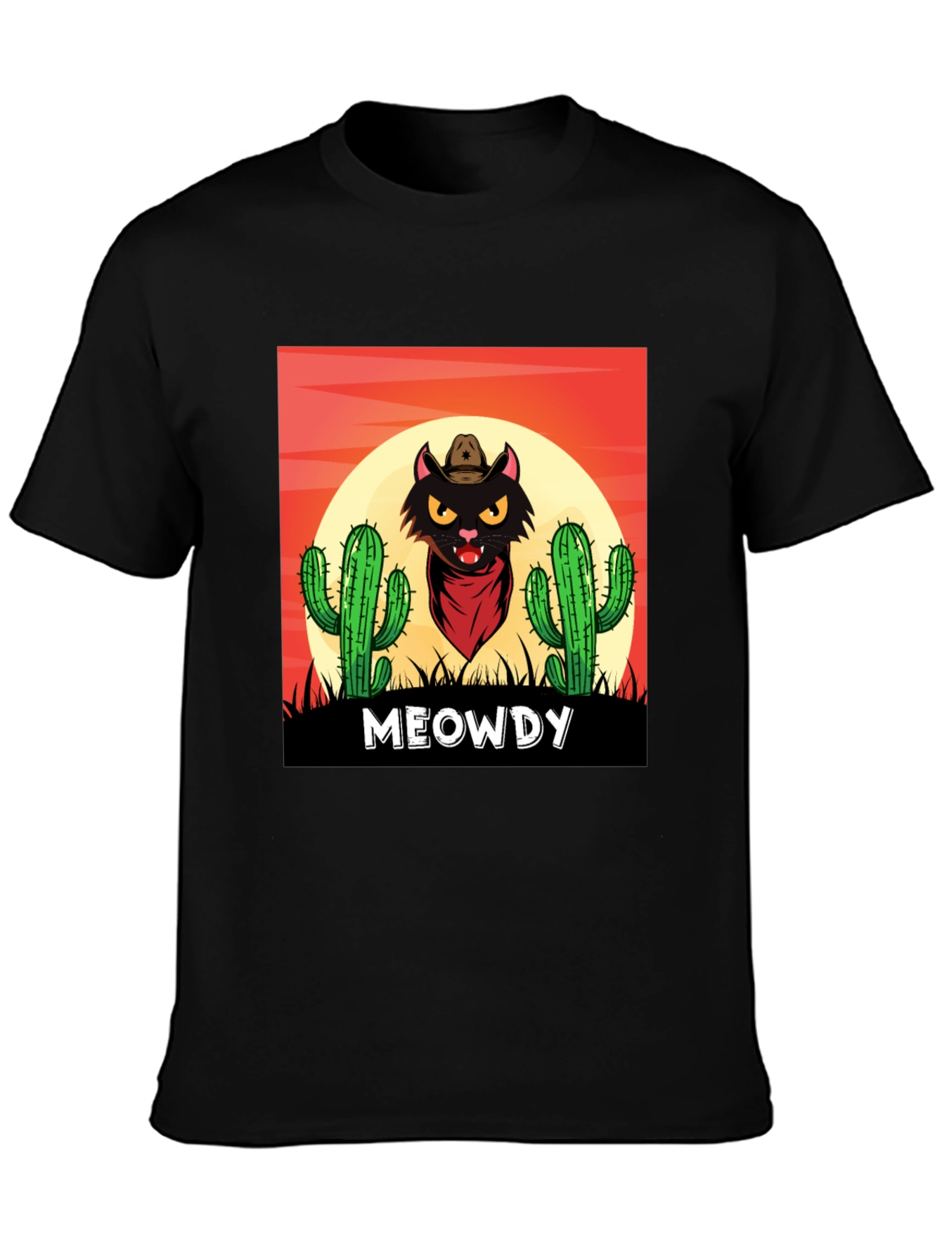 Black Meowdy Black Cat Cowboy Graphic T-Shirt view 3
