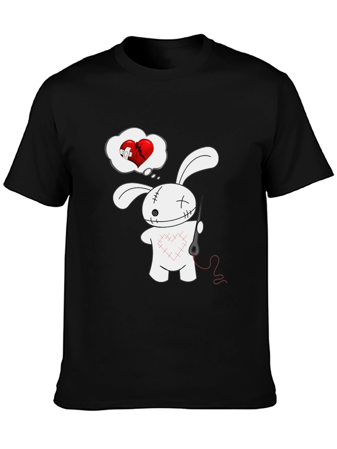 Black Stitched Heart Bunny Graphic Tee - Black Cotton Shirt view 3