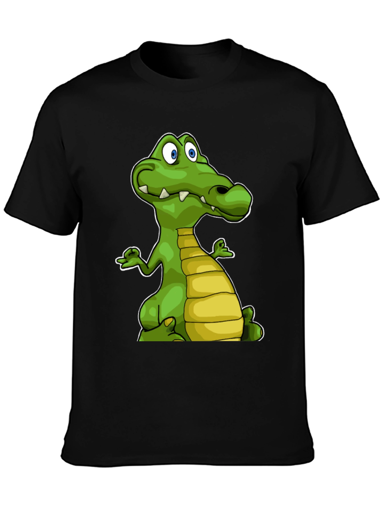 Black Cartoon Crocodile Graphic Tee - Black Cotton T-Shirt view 3