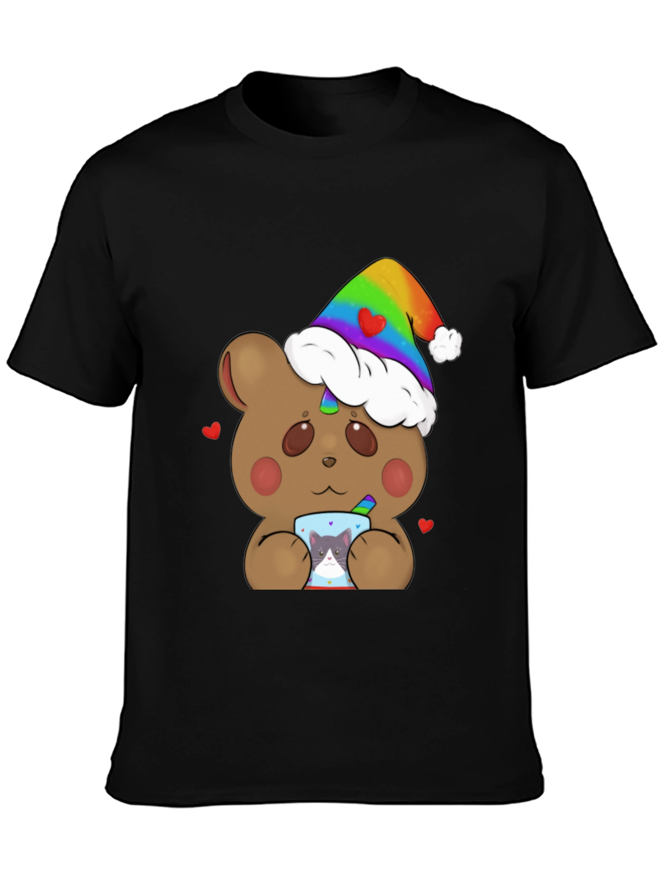 Black Bear with Rainbow Hat & Cat Mug T-Shirt view 3
