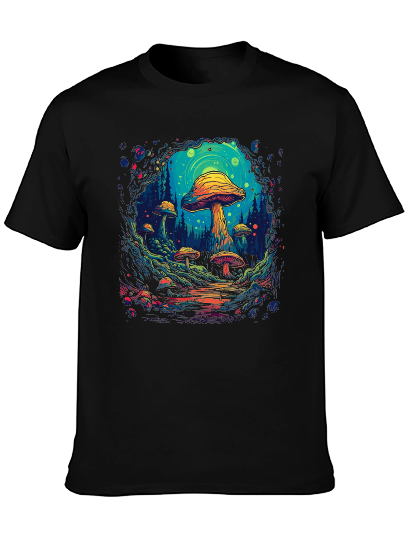 Black Psychedelic Mushroom Forest Graphic T-Shirt view 3