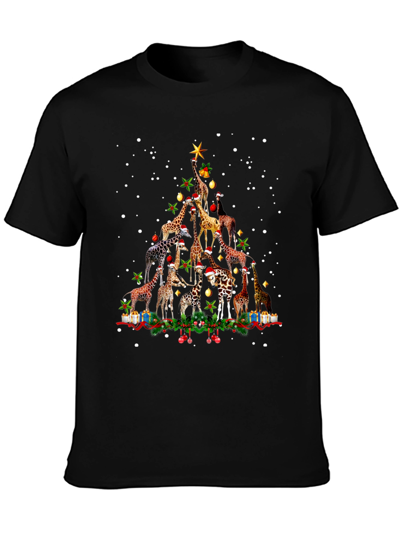 Black Giraffe Christmas Tree Crew Neck T-Shirt view 3