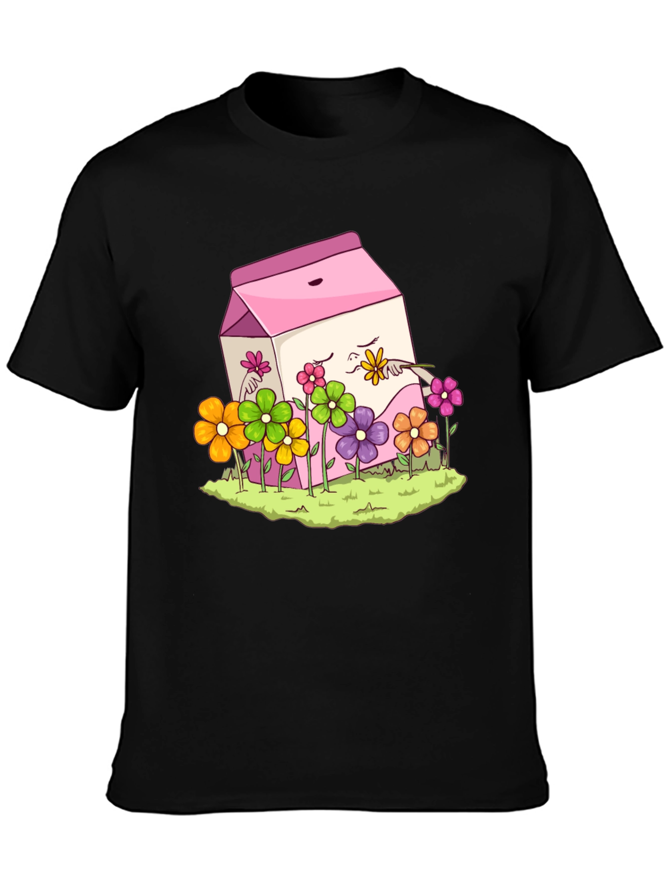 Black Cute Milk Carton & Flowers Graphic Tee view 3