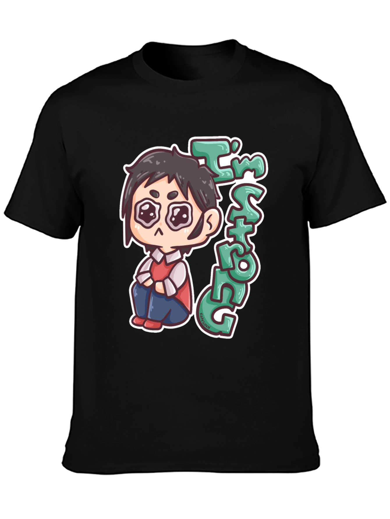 Black Chibi Anime "I'm Strong" Graphic Black T-Shirt view 3