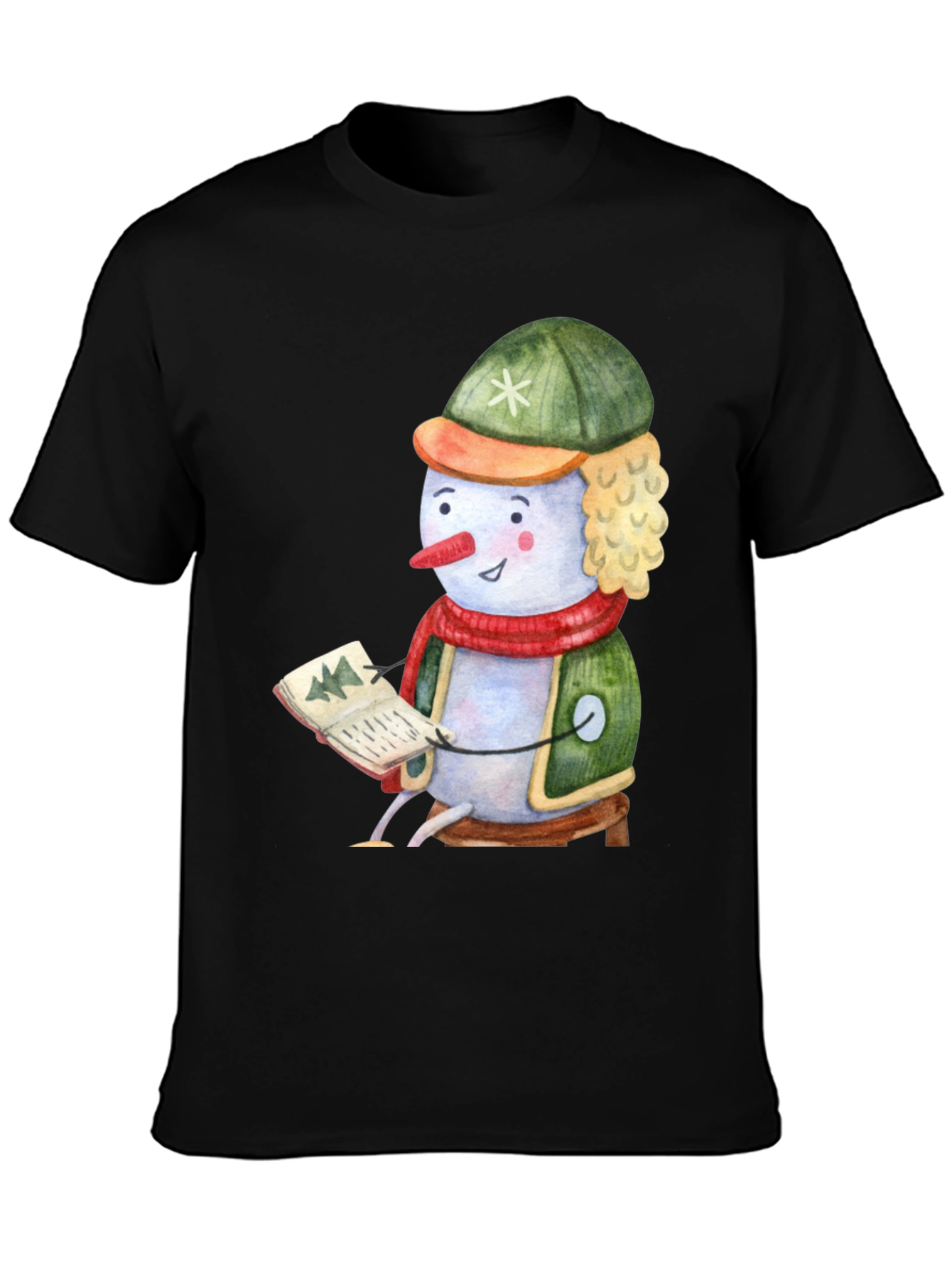 Black Festive Snowman Reading T-Shirt view 3