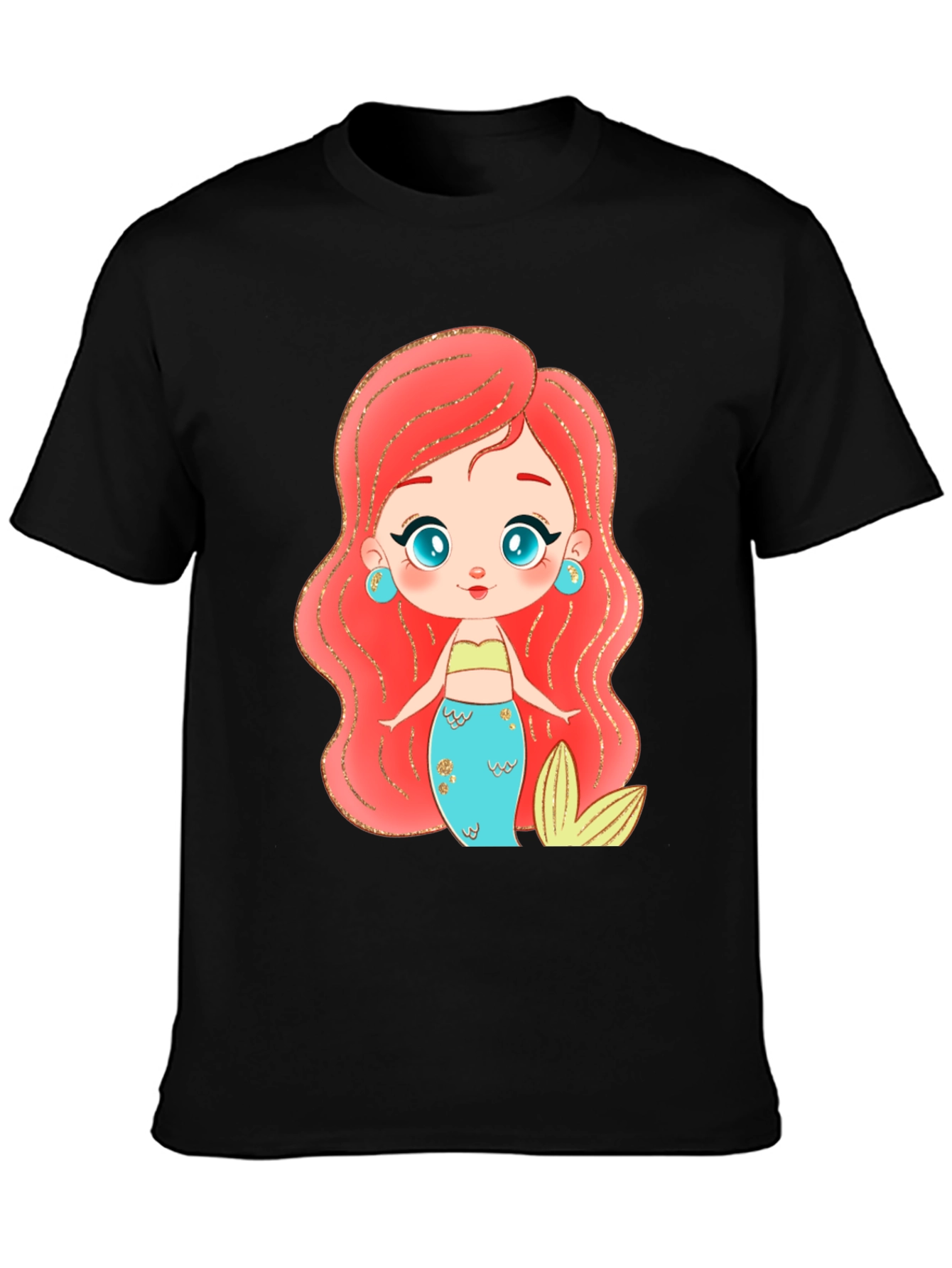 Black Mermaid Cartoon Graphic Black T-Shirt view 3