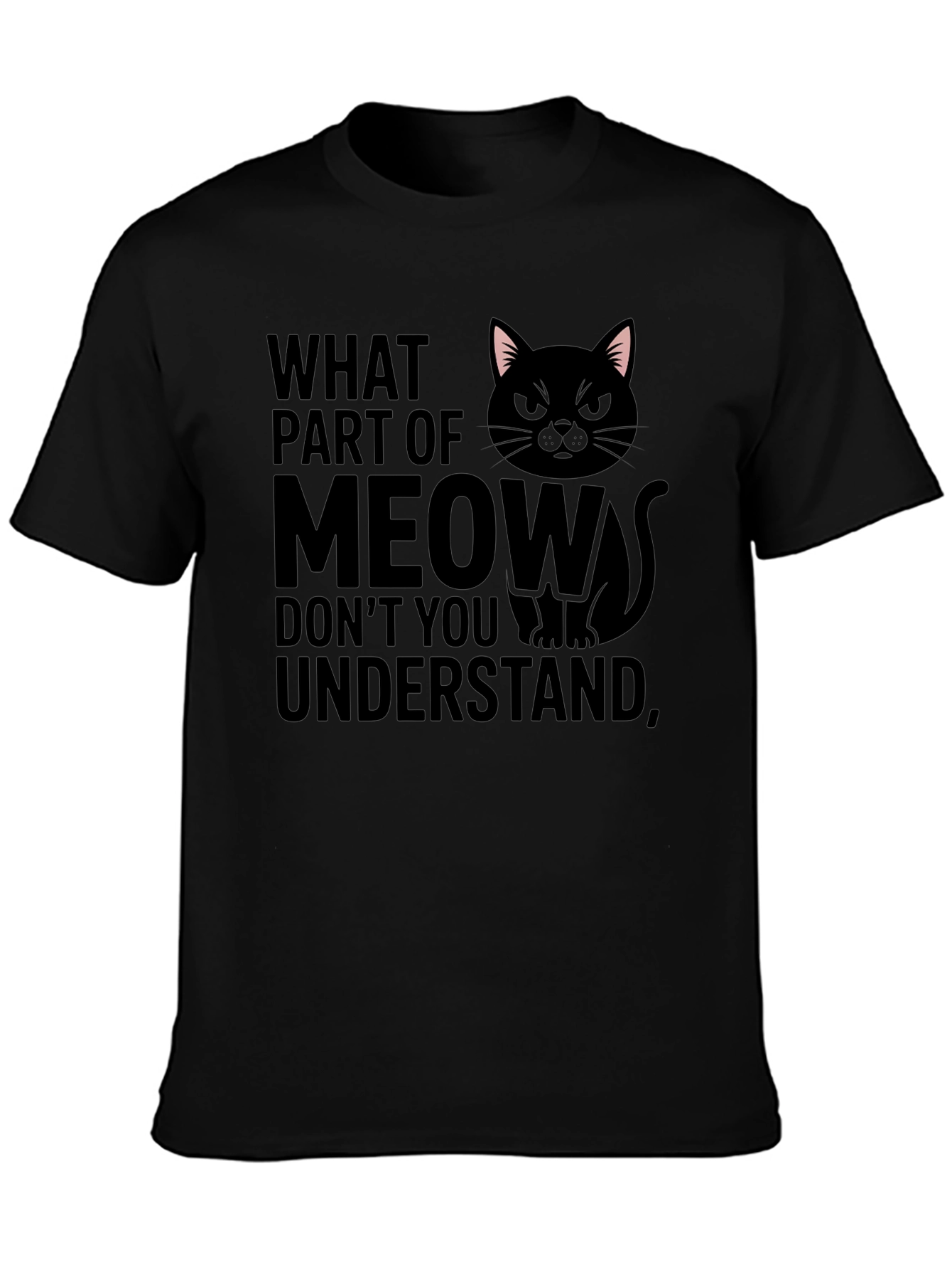 Black Funny Cat Meow Graphic T-Shirt view 3