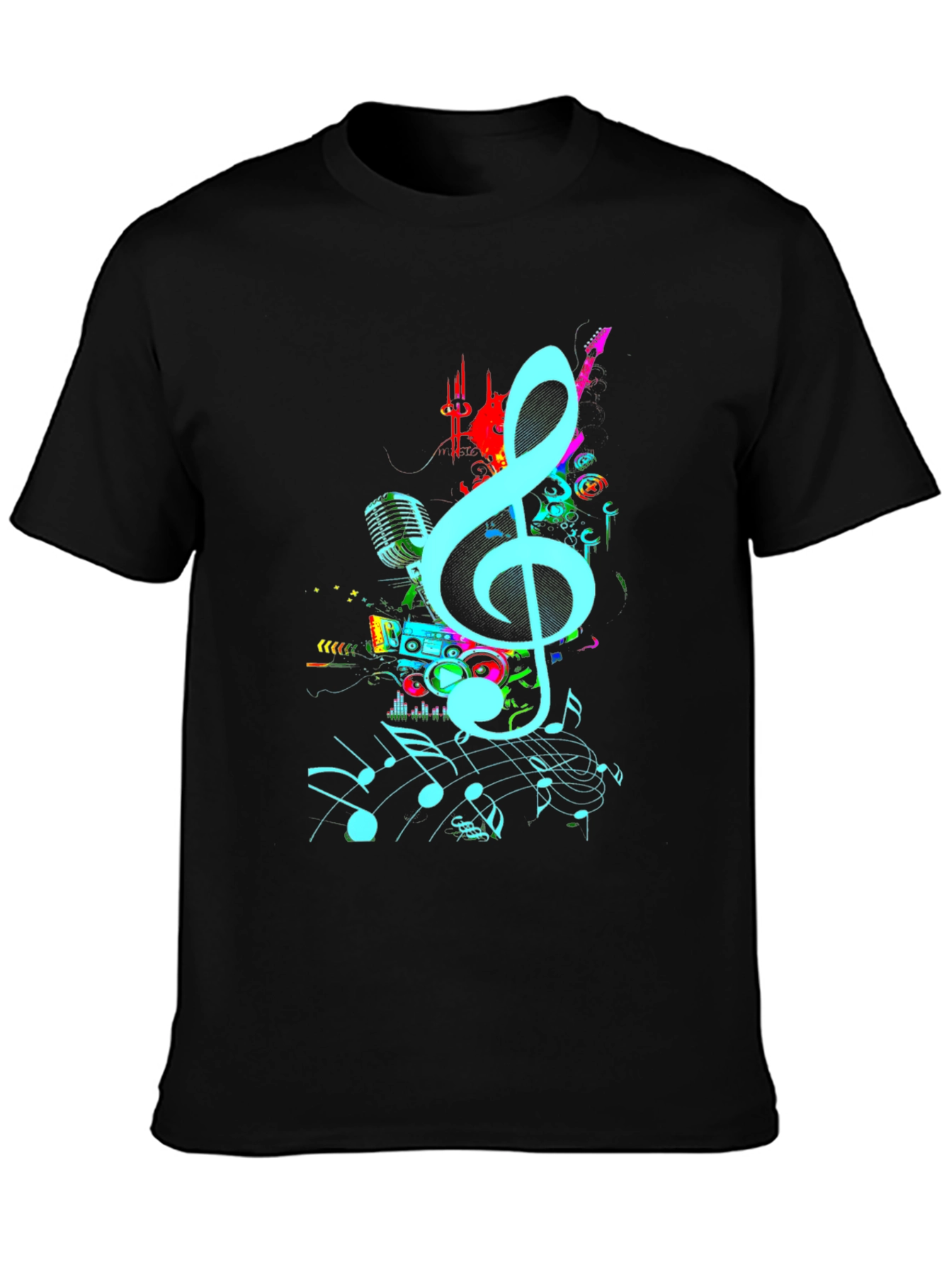 Black Musical Notes Graphic Print Black T-Shirt view 3
