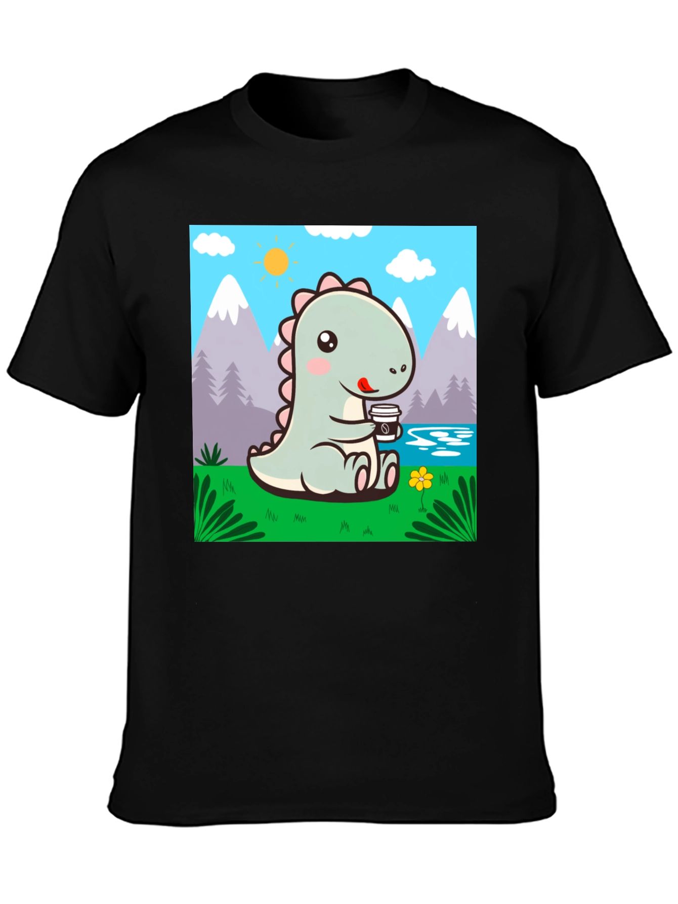 Black Cute Dinosaur Coffee T-Shirt view 3