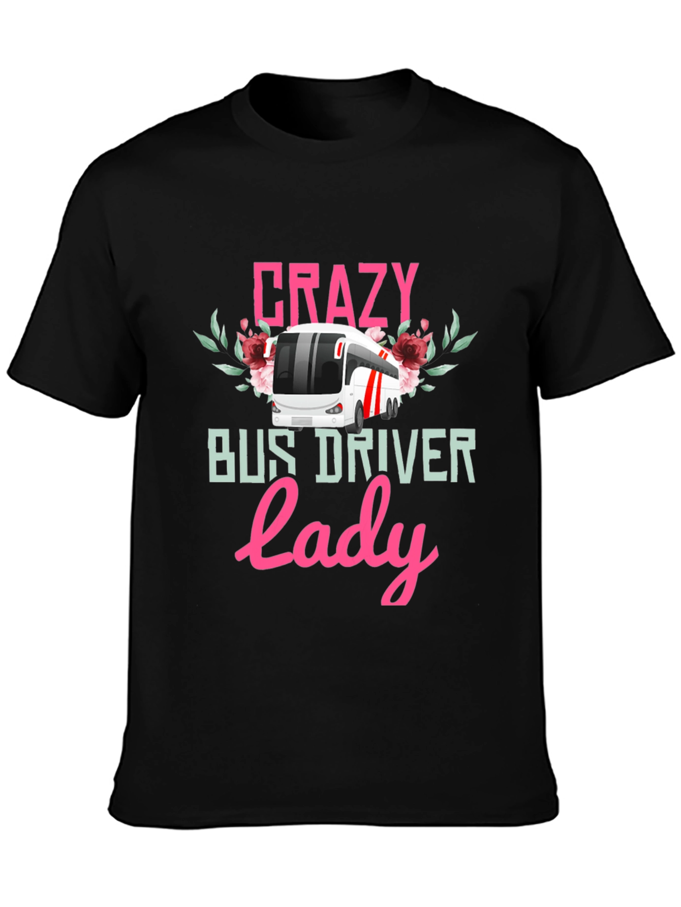 Black Crazy Bus Driver Lady T-Shirt - Floral Design view 3