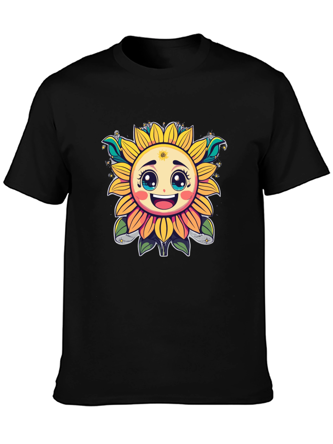 Black Happy Sunflower Graphic T-Shirt - Cheerful Black Tee view 3