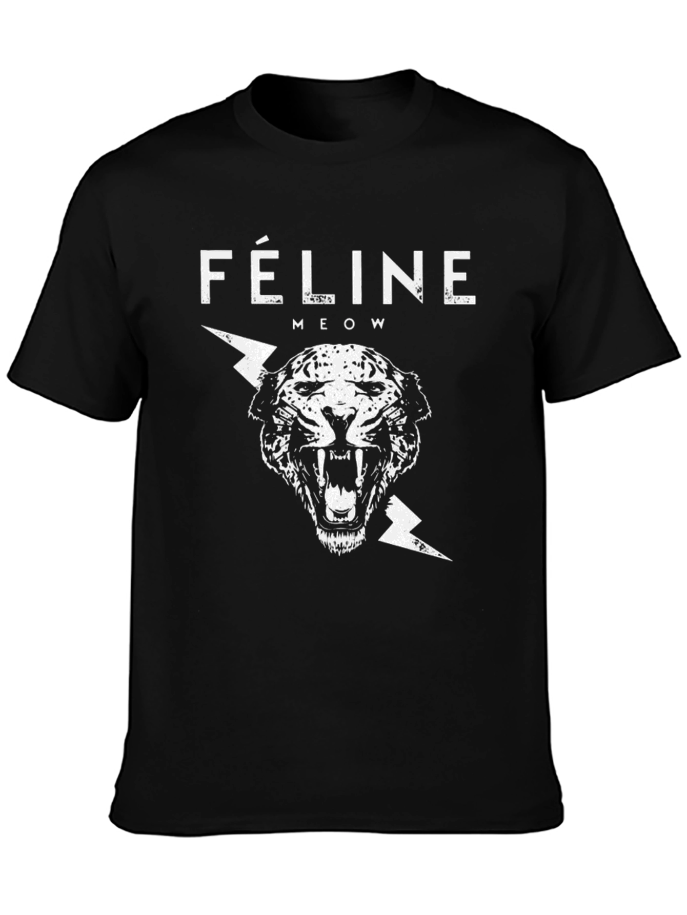 Black Feline Meow Graphic Print Black T-Shirt view 3