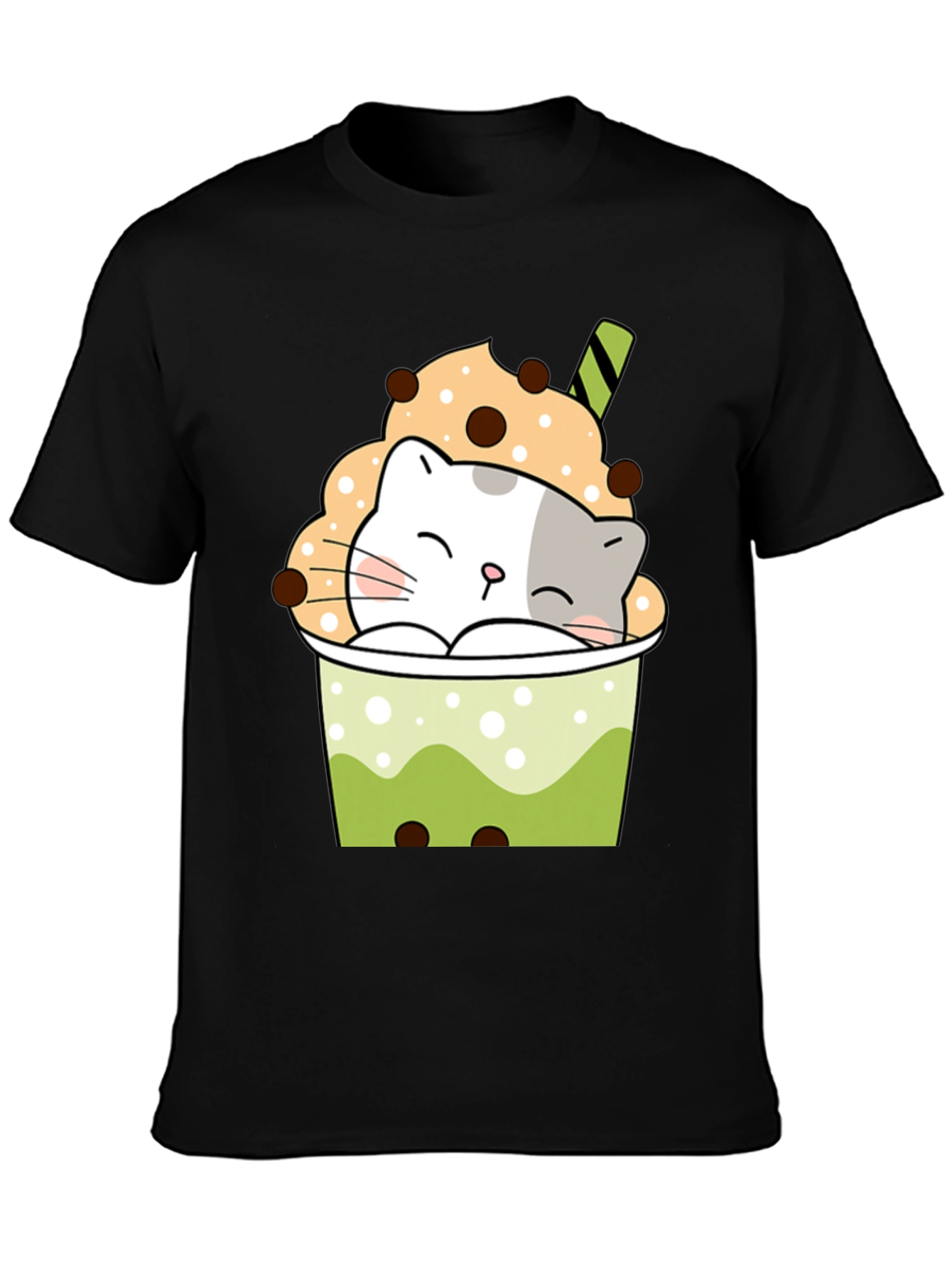 Black Cute Boba Cat Black T-Shirt view 3