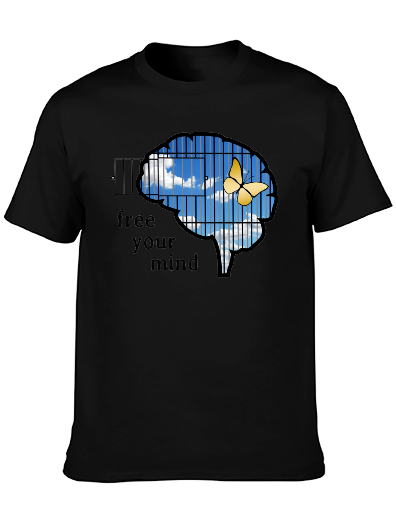 Black Free Your Mind T-Shirt: Brain Cage & Butterfly Graphic Tee view 3