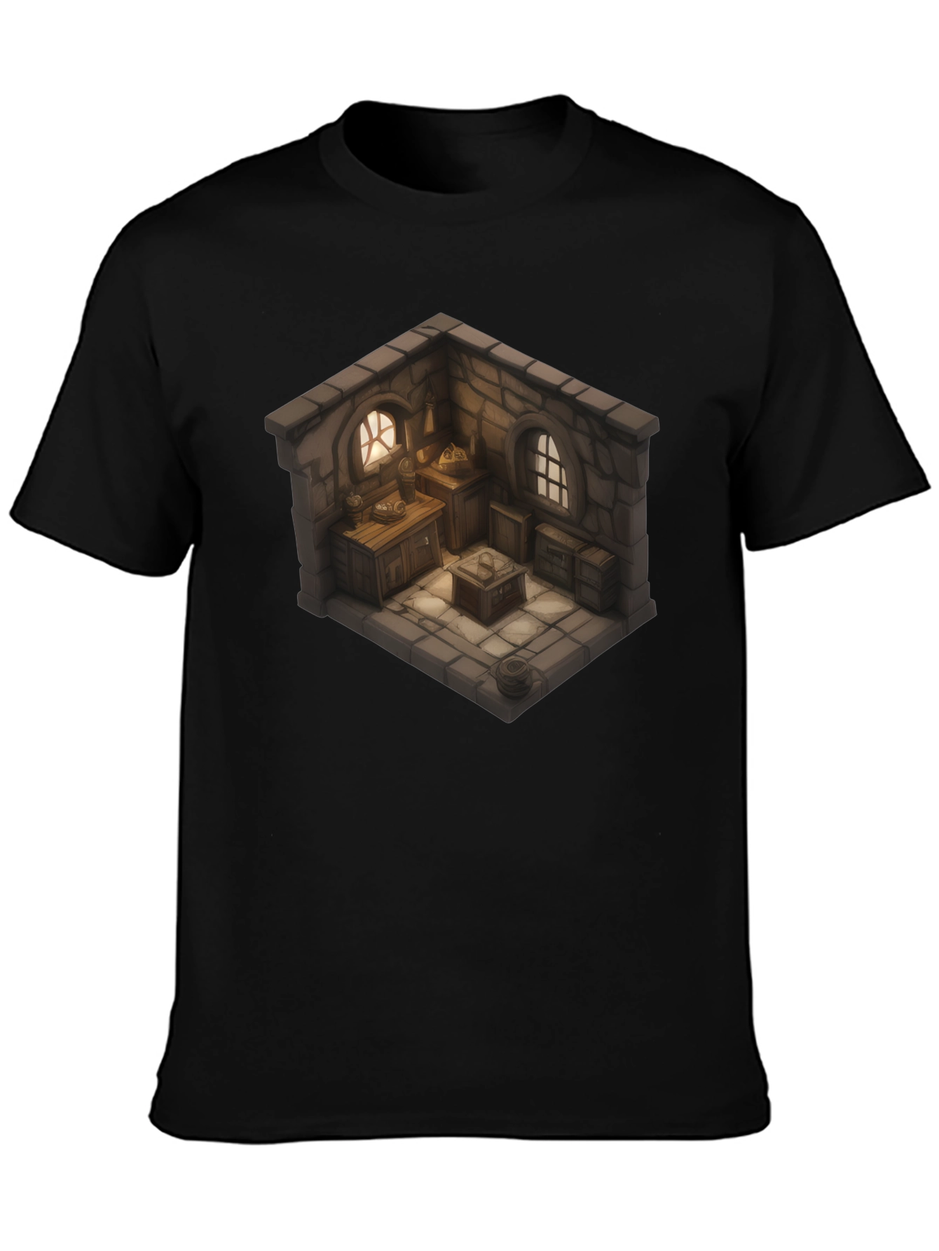 Black Isometric Medieval Room T-Shirt - Fantasy Decor Tee view 3